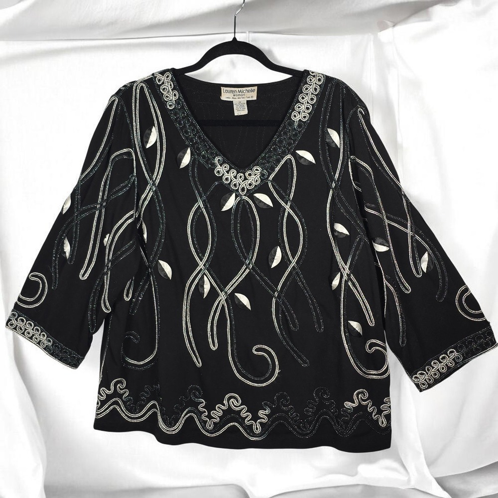 VTG Lauren‎ Michelle Top Woman Black V Neck 3X Embroidered Beaded 3/4 Sleeve